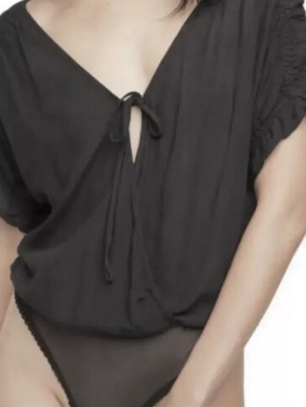 Free People Black Boho Tie-Front Blouse